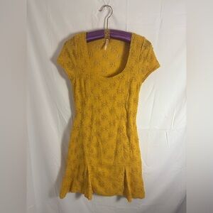 Mustard Yellow Gold Textured Floral Short Sleeve Boho Fairy Mini Dress Size M